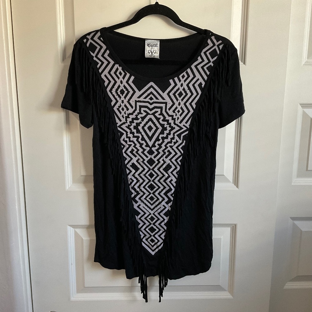 Vocal Graphic Rhinestone/Fringe‎ Front Tee - Black/White - Size Small